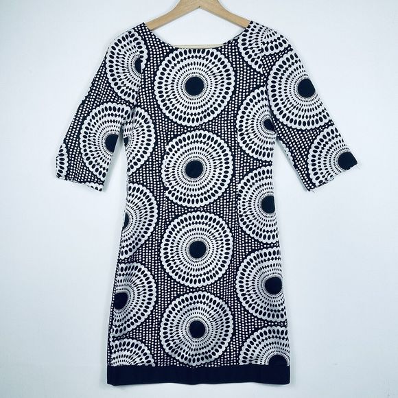 Zara Basics 1/2 Sleeve Black‎ White Circle Satin Shift Sheath Dress Womens Small - Picture 1 of 7